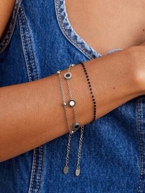 Silver Double-Chain Bracelet with Black Onyx and White Stones